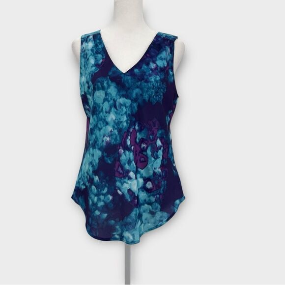 Calvin Klein V-neck Sleeveless Blouse in Multi-Color Watercolor Print Women’s XS - Picture 1 of 9
